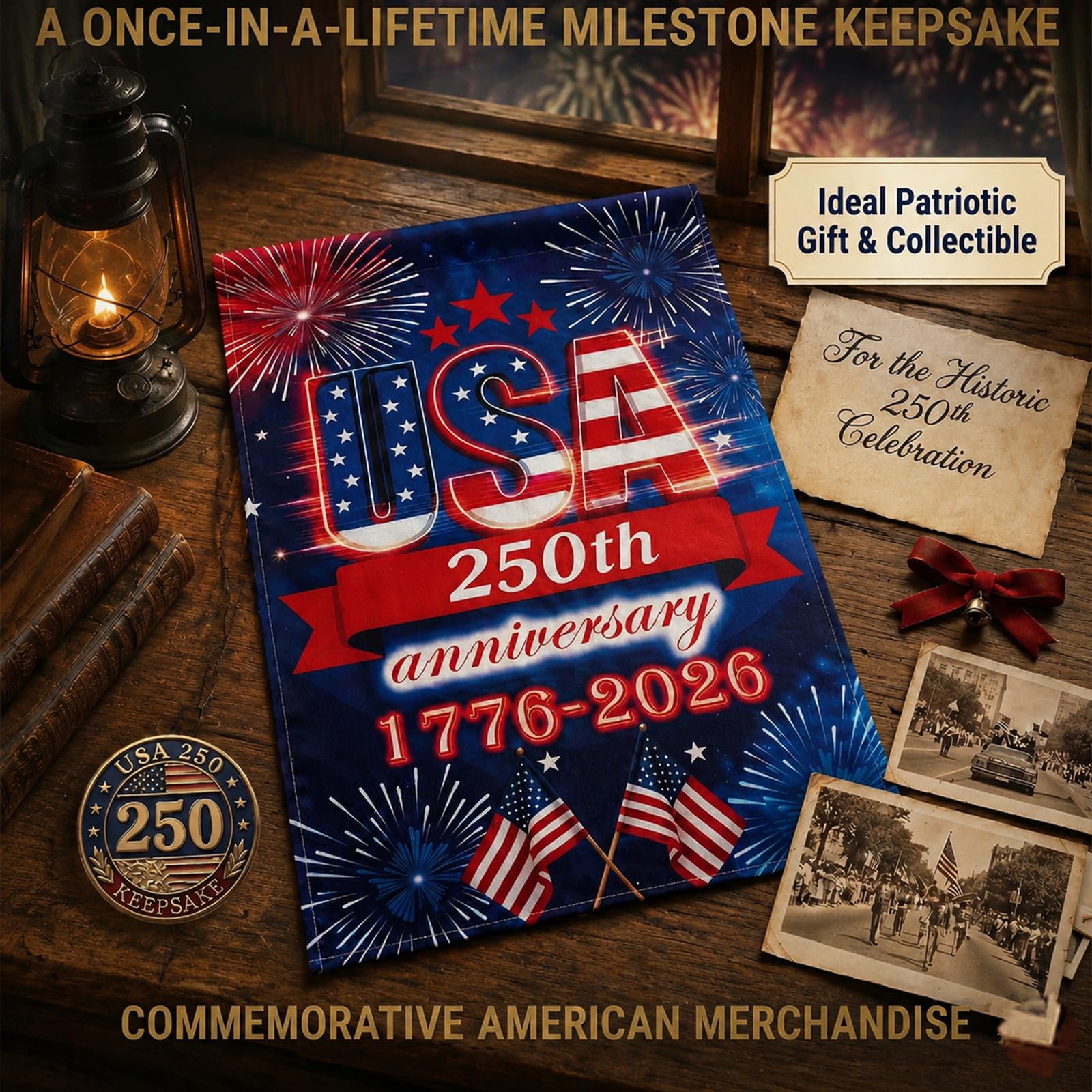 UIMIU 250th Anniversary Garden Flag displayed on a porch