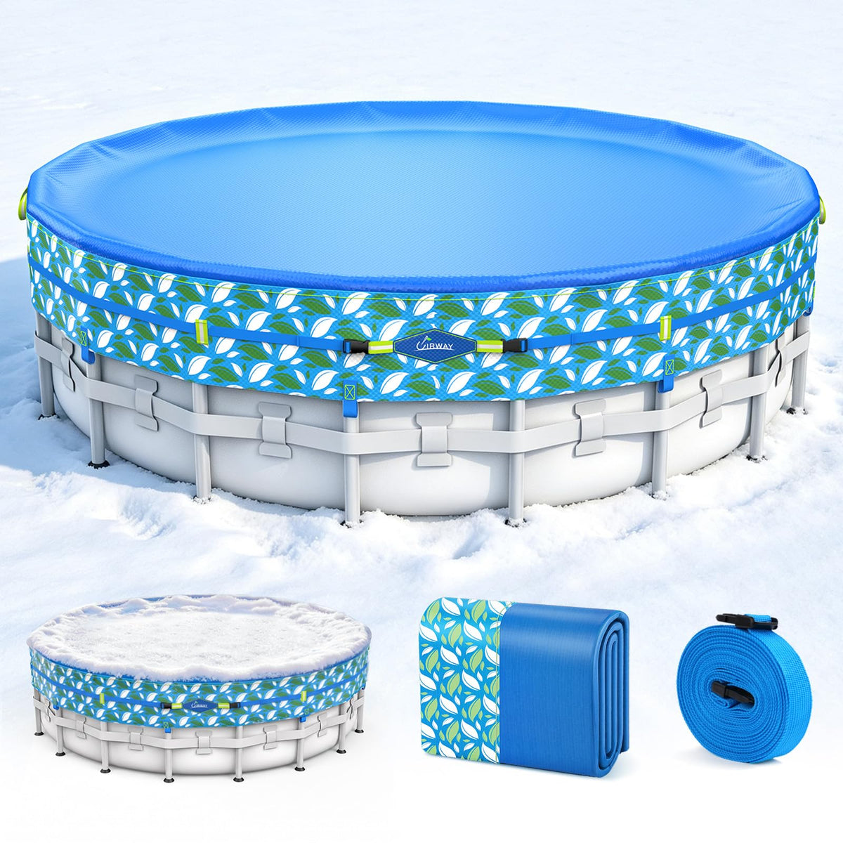 UIRWAY 15 ft round winter pool cover with blue leaf-print design