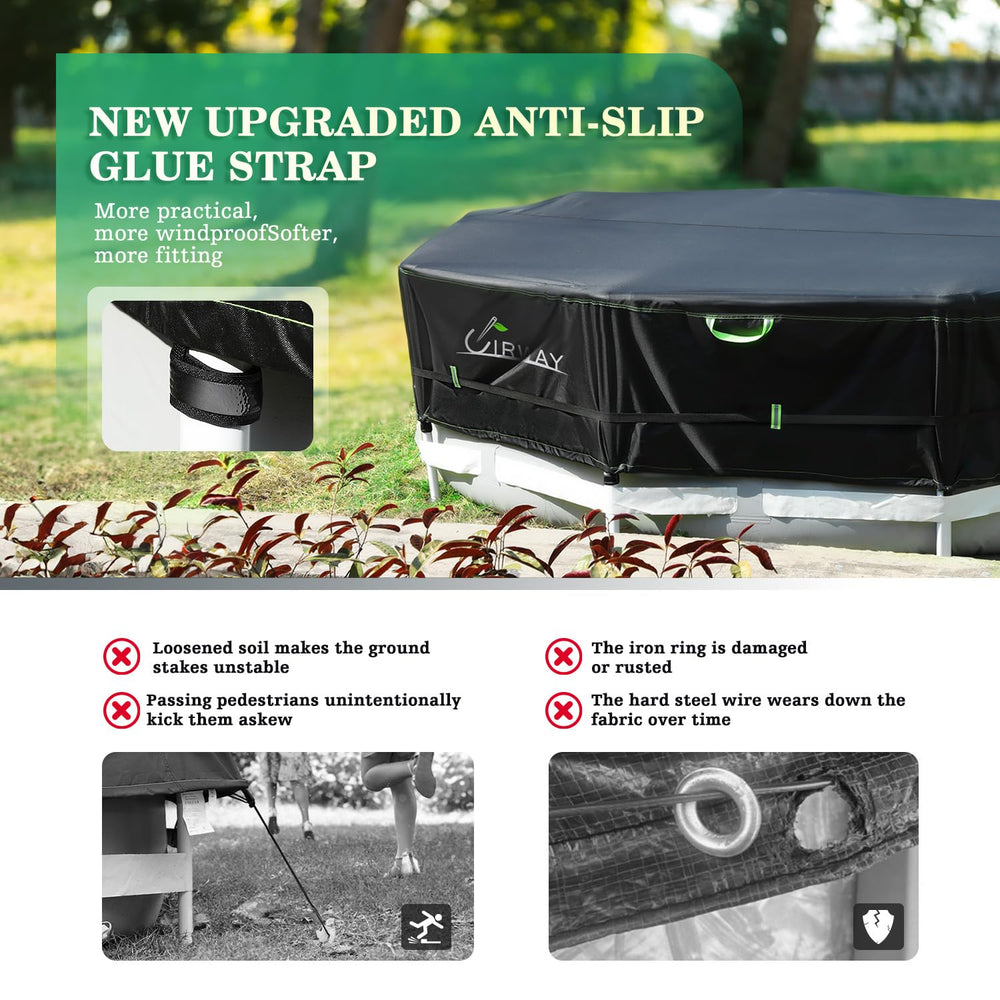 UIRWAY pool cover secured on a round pool with adjustable straps