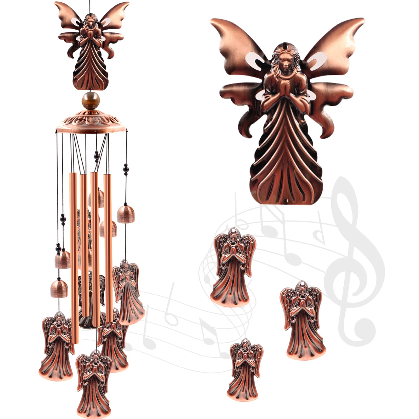 Ukulork Angel Wind Chimes with large angel top and rose gold tubes