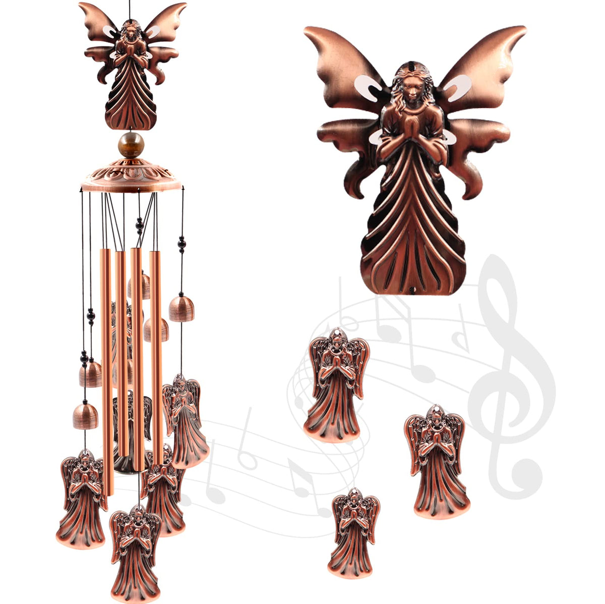 Ukulork Angel Wind Chimes with large angel top and rose gold tubes