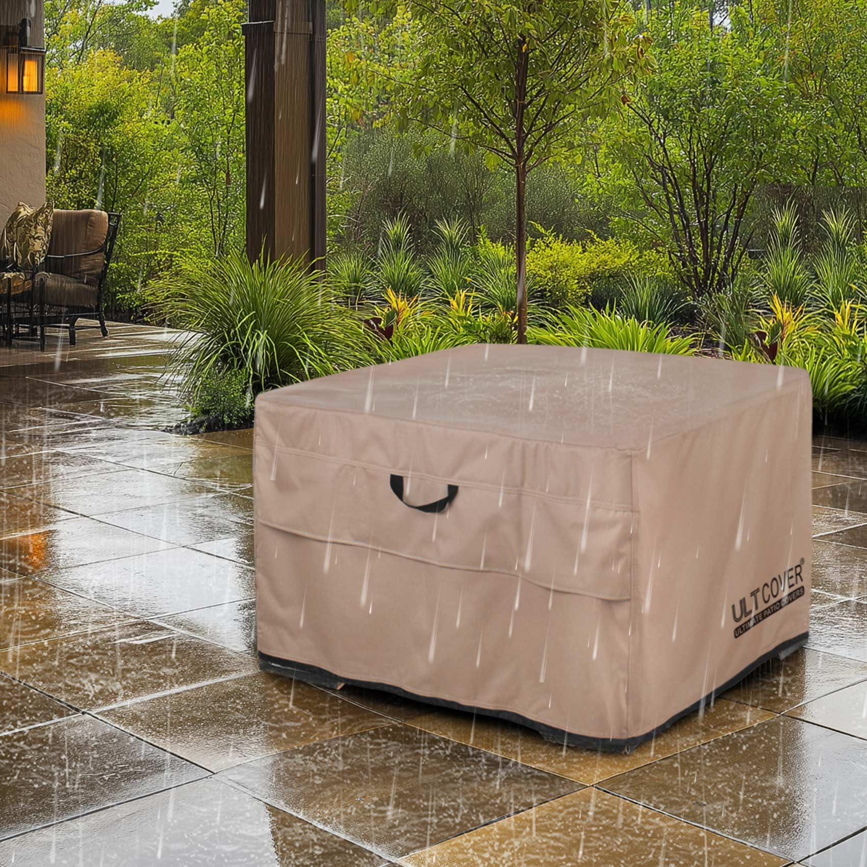 ULTCOVER fire pit cover dimensions and specifications on packaging