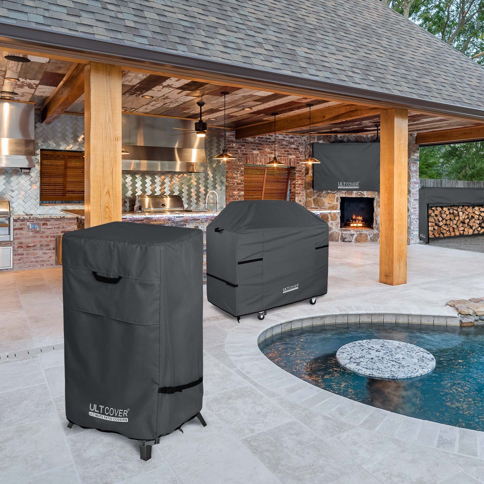 ULTCOVER Smoker Cover dimensions displayed next to smoker