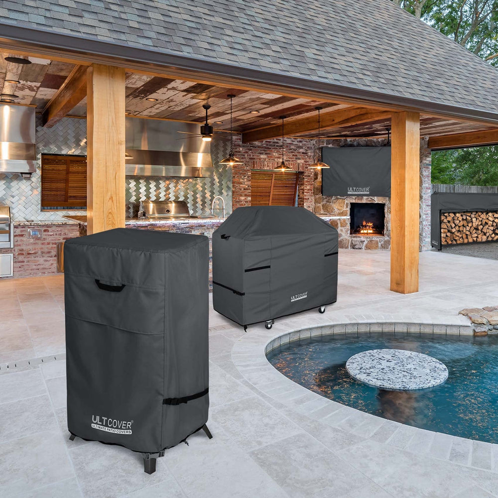 ULTCOVER Smoker Cover dimensions displayed next to smoker