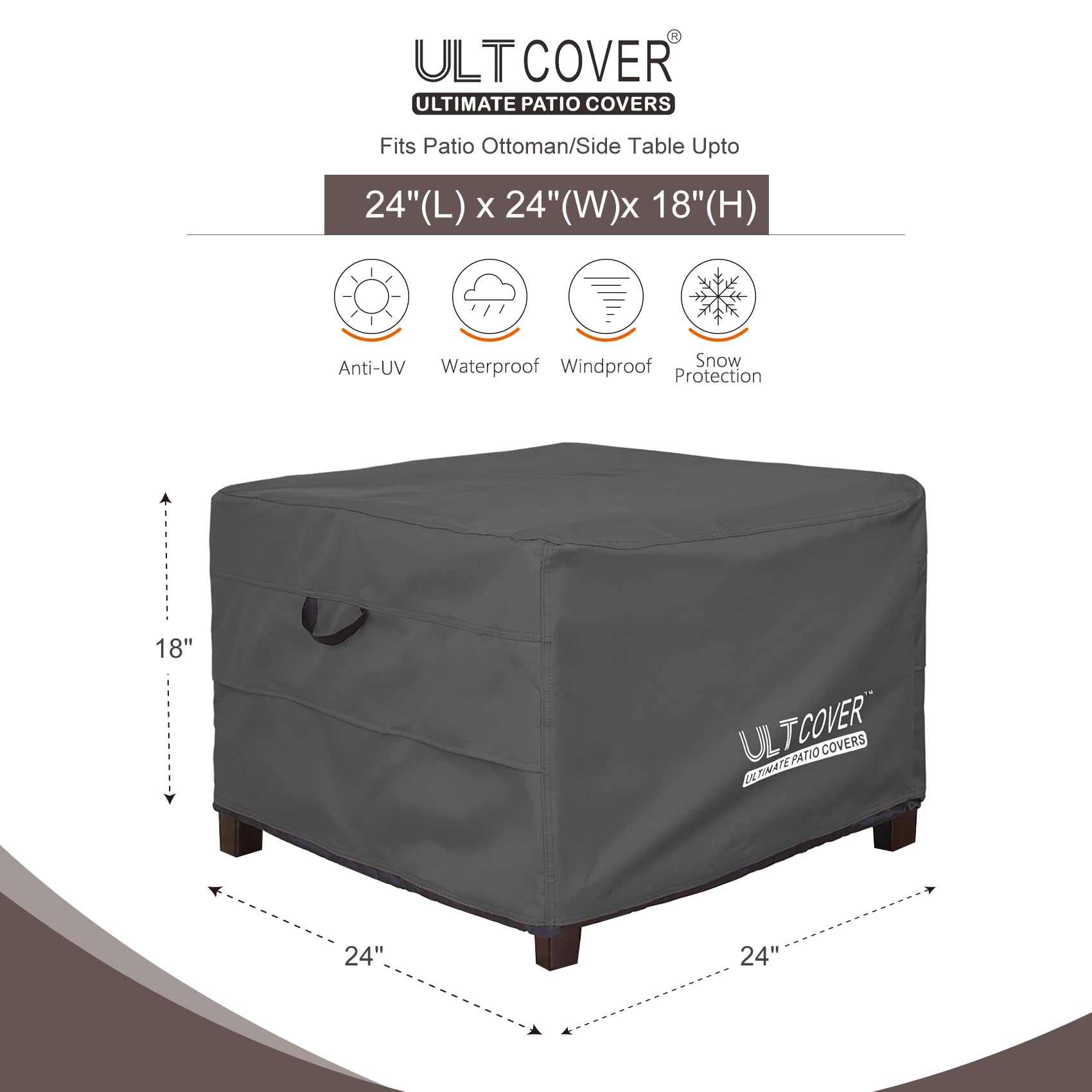 ULTCOVER Waterproof Patio Ottoman Cover 24x24 inch, black side view