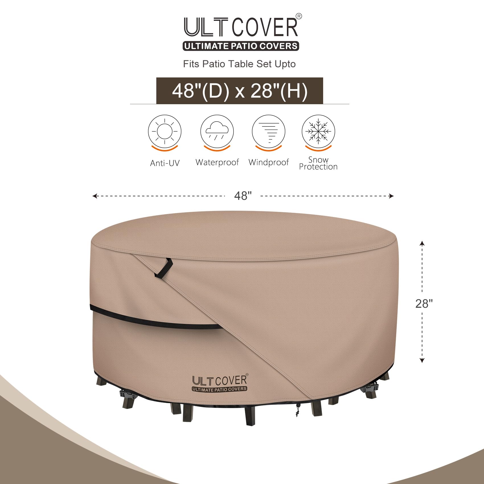 ULTCOVER Waterproof Round Patio Table Cover 48 inch with elastic draw cords