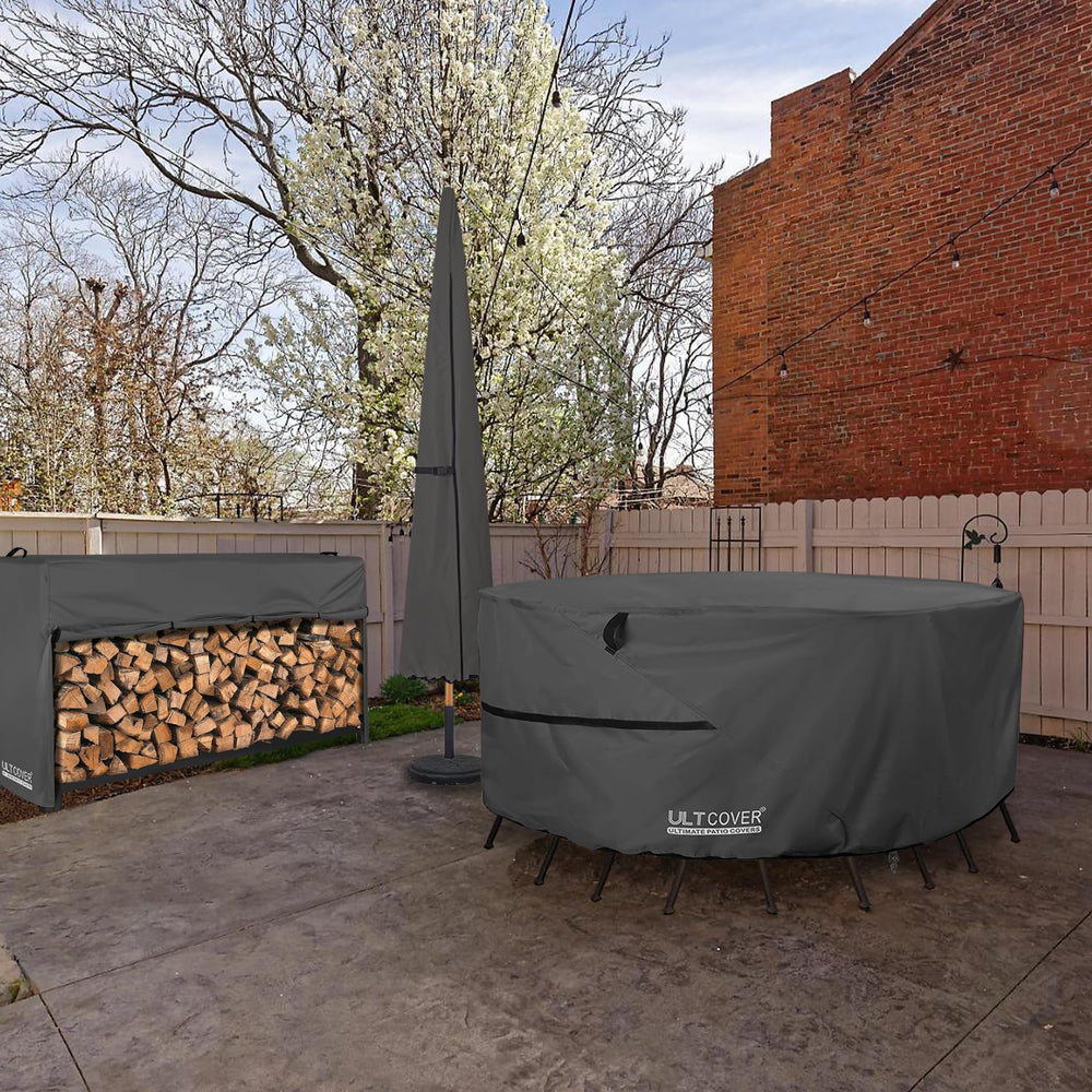 ULTCOVER Waterproof Round Patio Table Cover on a patio table