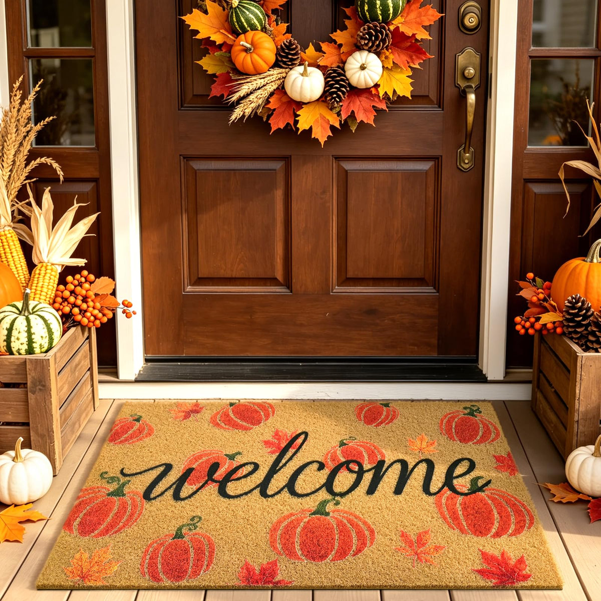 ULTSOFE Fall Pumpkin Welcome Door Mat front view with autumn design
