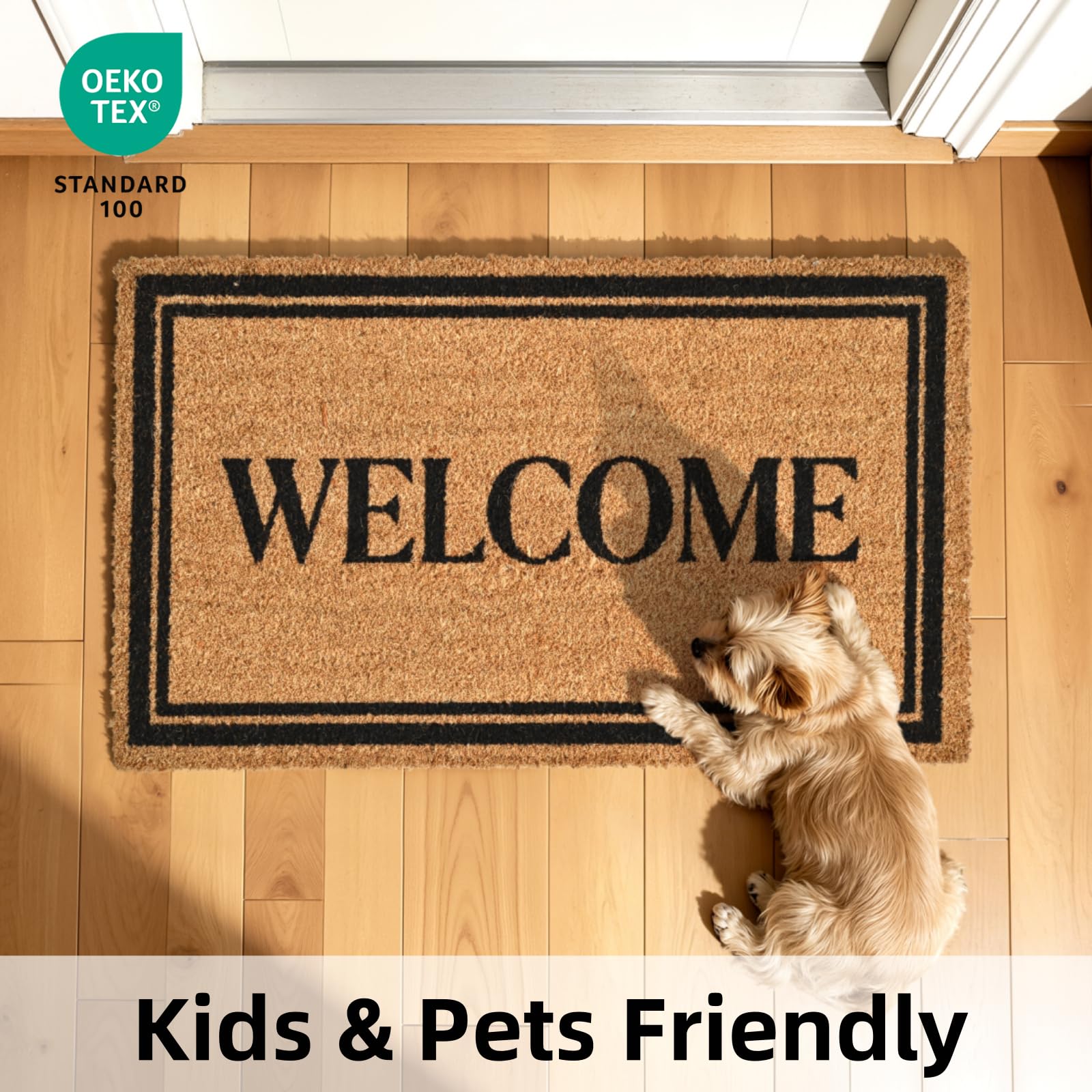 ULTSOFE Natural Coir Welcome Door Mat with dirt being shaken off