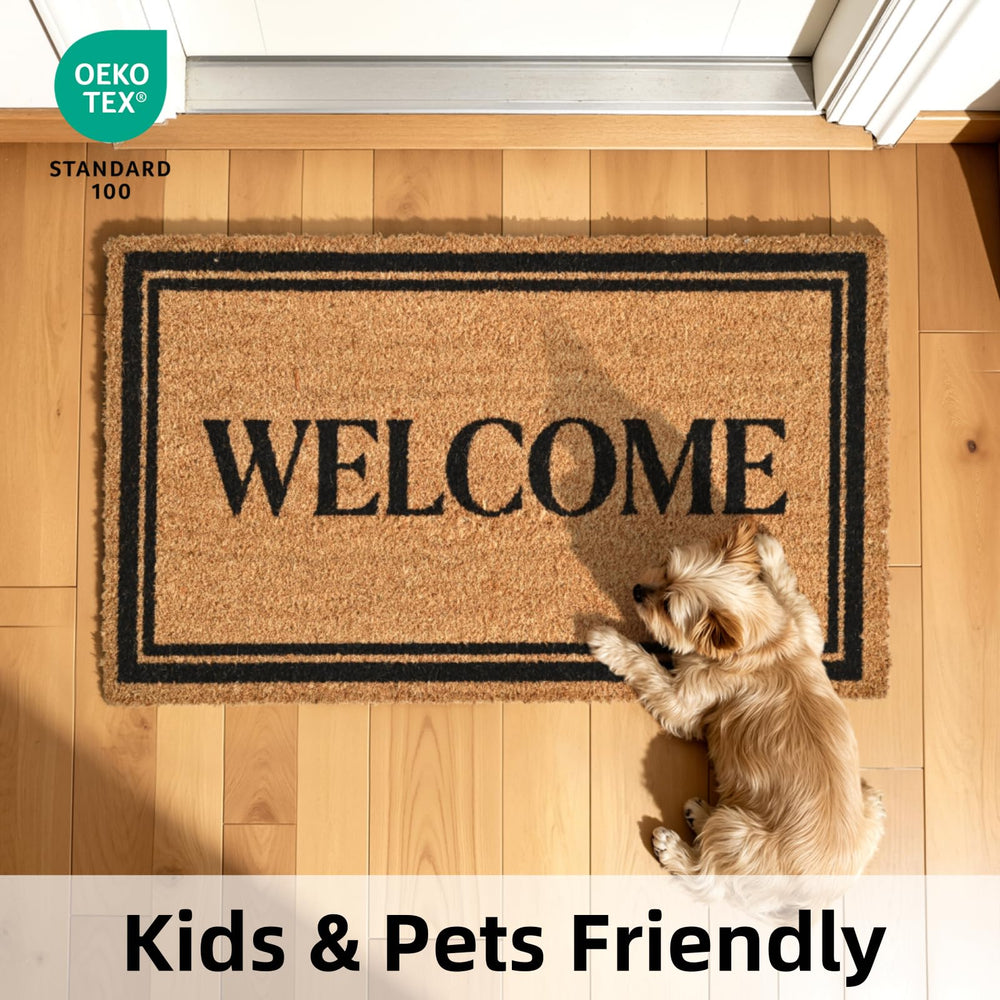 ULTSOFE Natural Coir Welcome Door Mat with dirt being shaken off