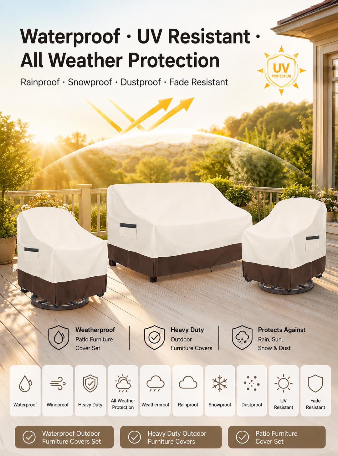 UNARK outdoor chair covers displayed on patio furniture