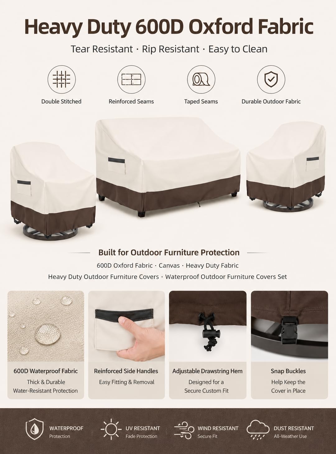 UNARK patio furniture covers set in Beige and Brown colourway outdoors