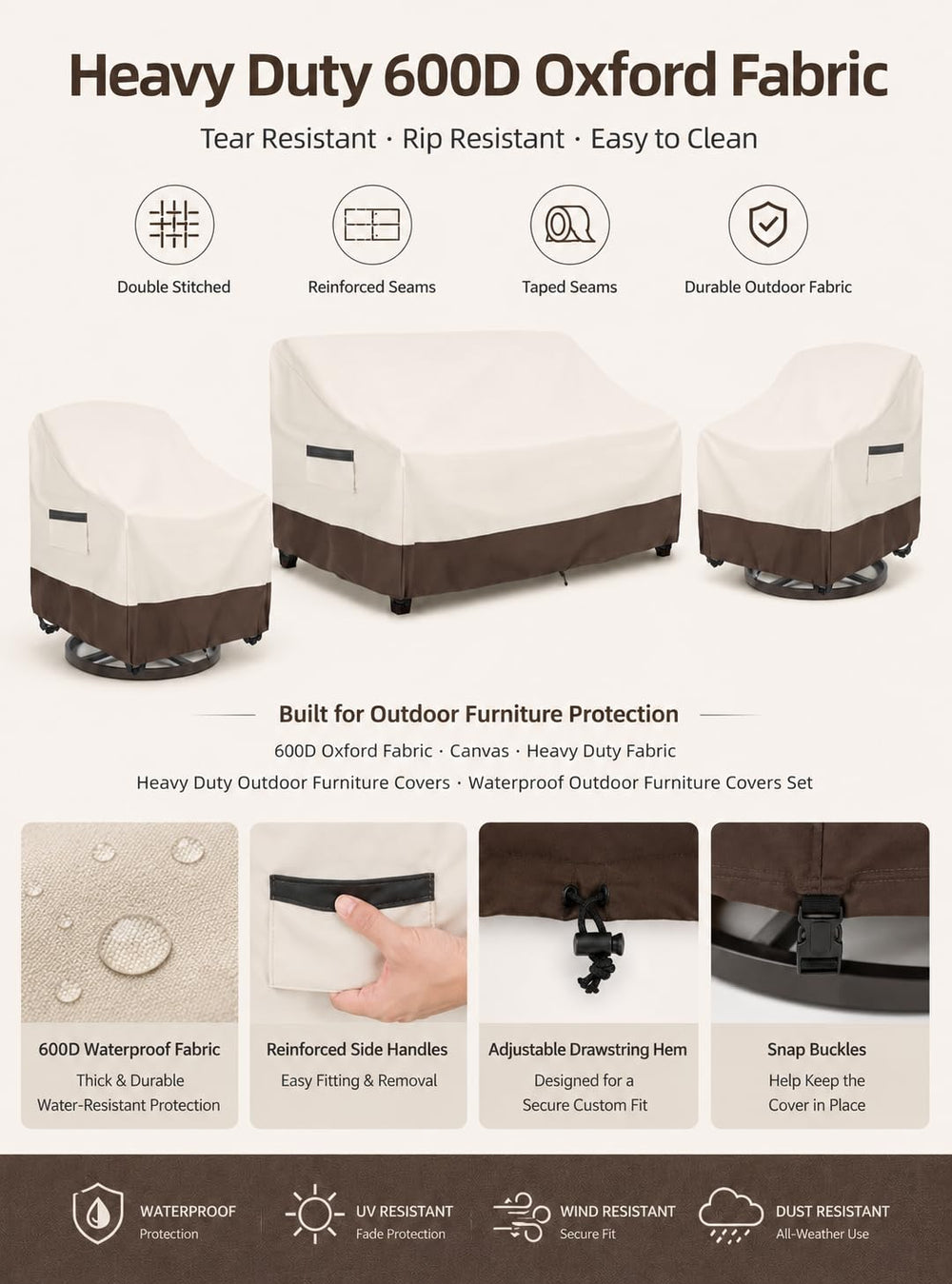 UNARK patio furniture covers set in Beige and Brown colourway outdoors