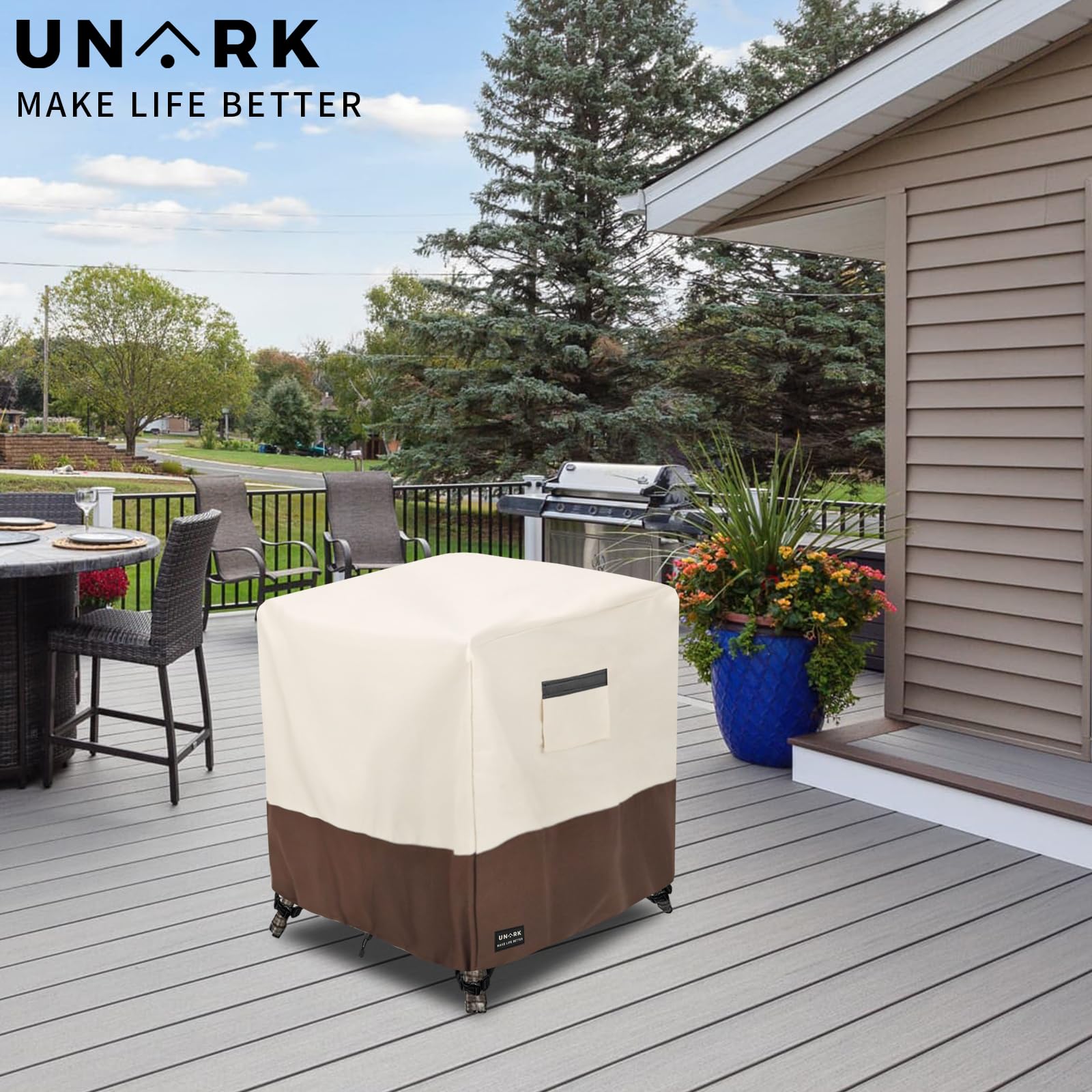 UNARK Patio Wicker Side Table Cover dimensions displayed