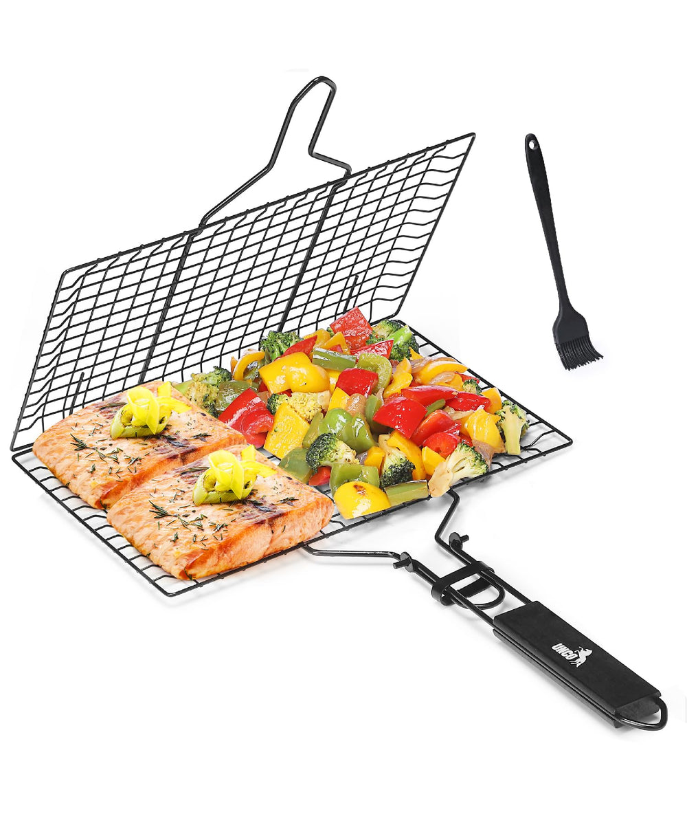 UNCO BBQ Grill Basket front view with removable wooden handle