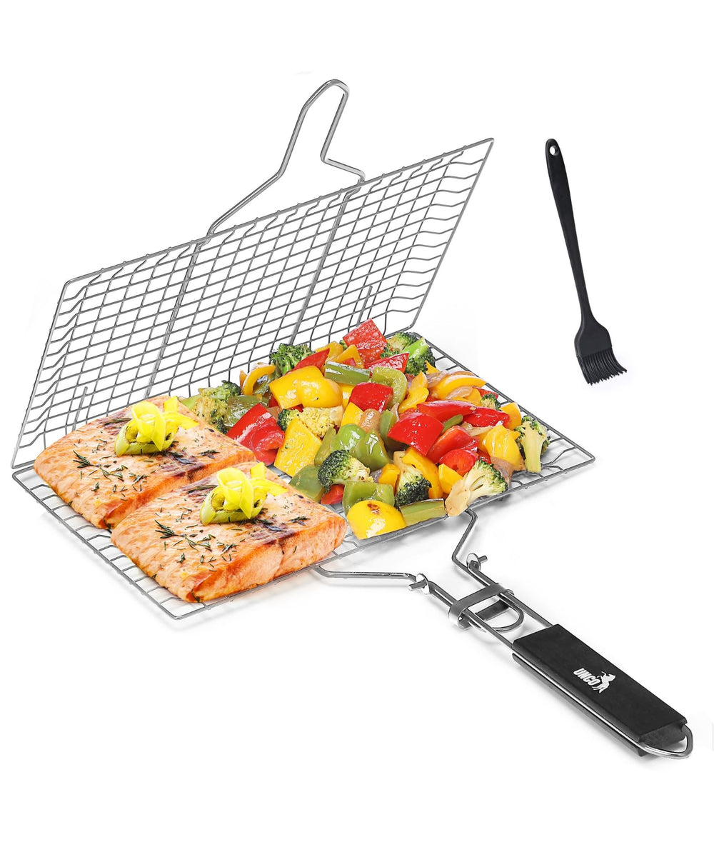UNCO BBQ Grill Basket front view with wooden handle