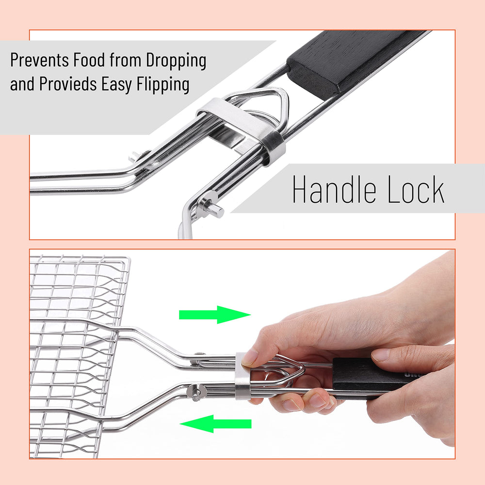 UNCO BBQ Grill Basket showing heat-resistant wooden handle