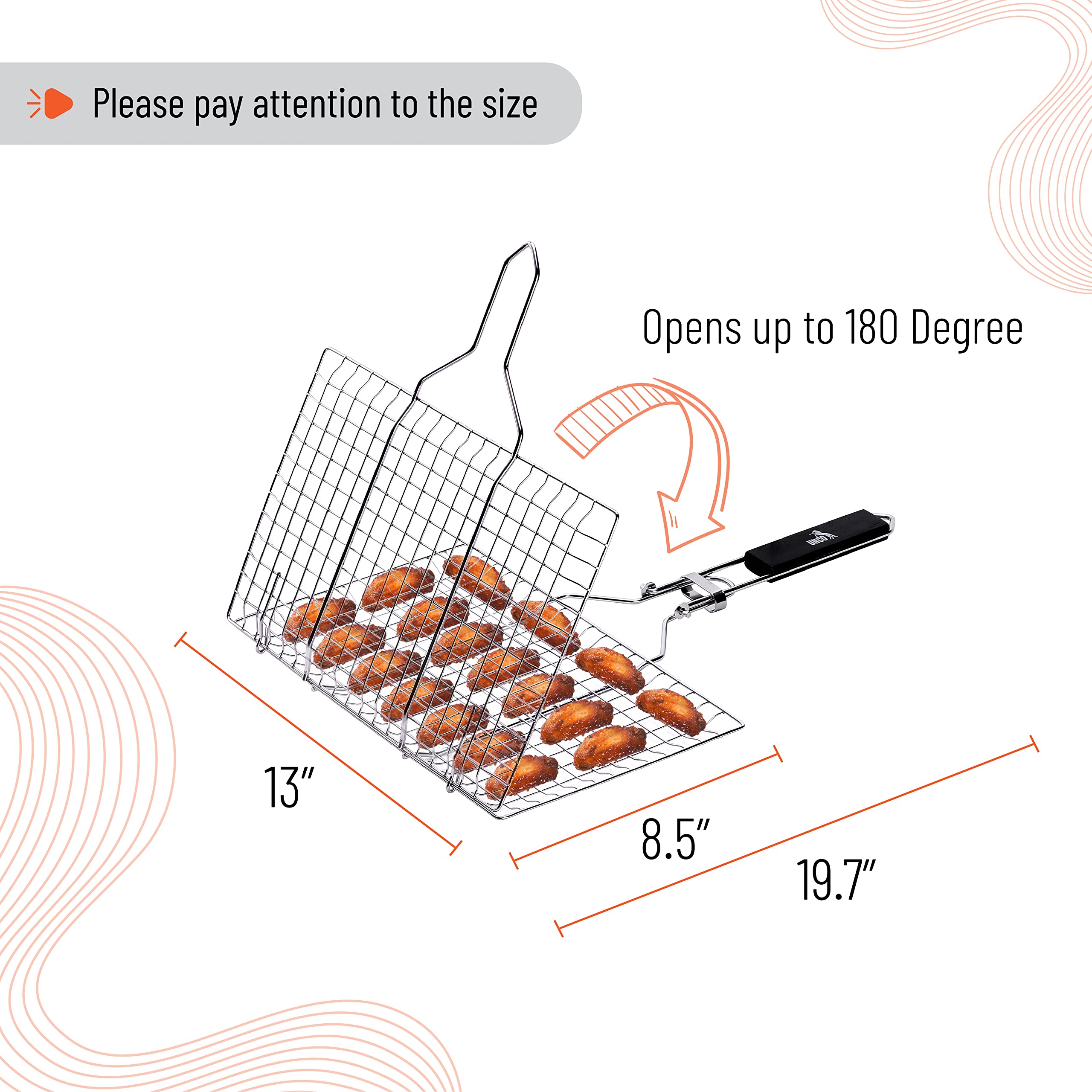 UNCO BBQ Grill Basket with grilled vegetables and fish