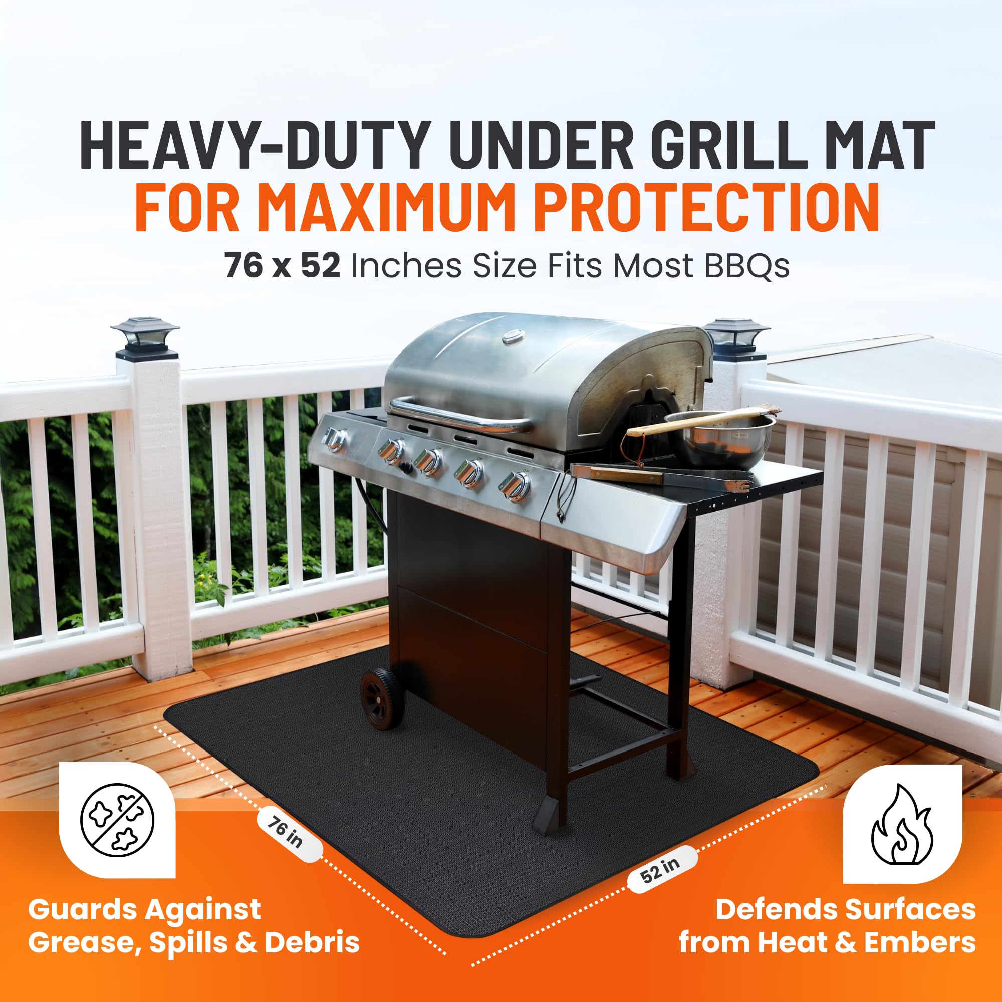 Under grill mat protecting deck from grease stains