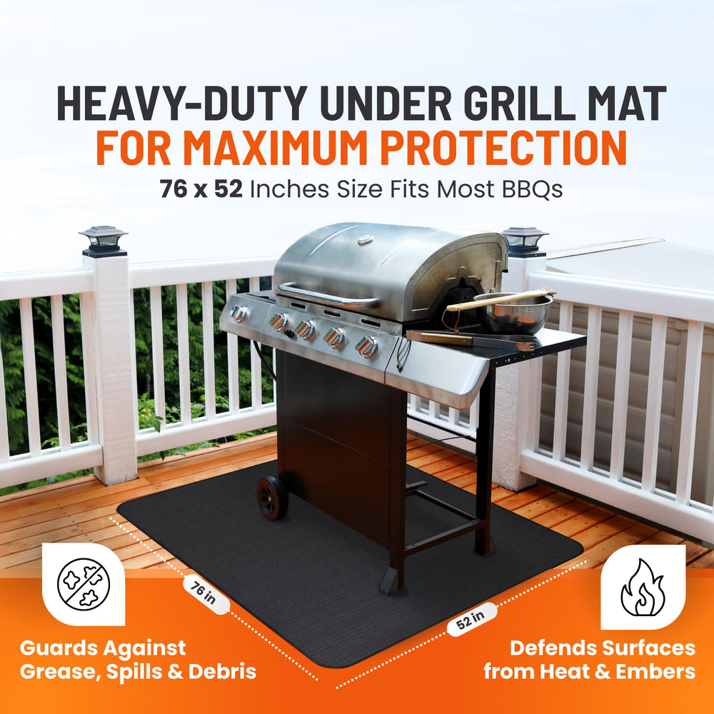 Under grill mat protecting deck from grease stains