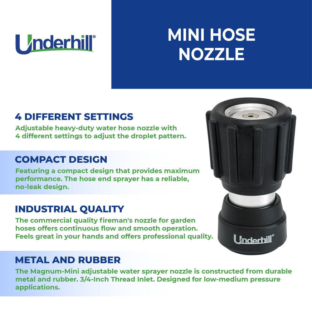 Underhill Magnum Mini Garden Hose Nozzle NG350 side view highlighting 3/4 inch thread inlet