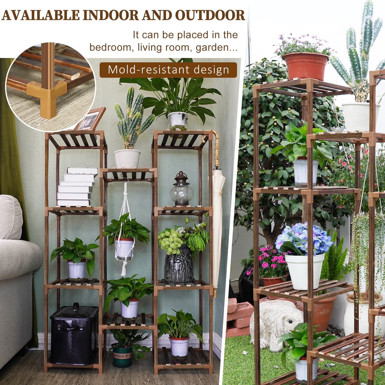 Uneedem Plant Stand 10 Tiered Wood Rack close-up of shelves