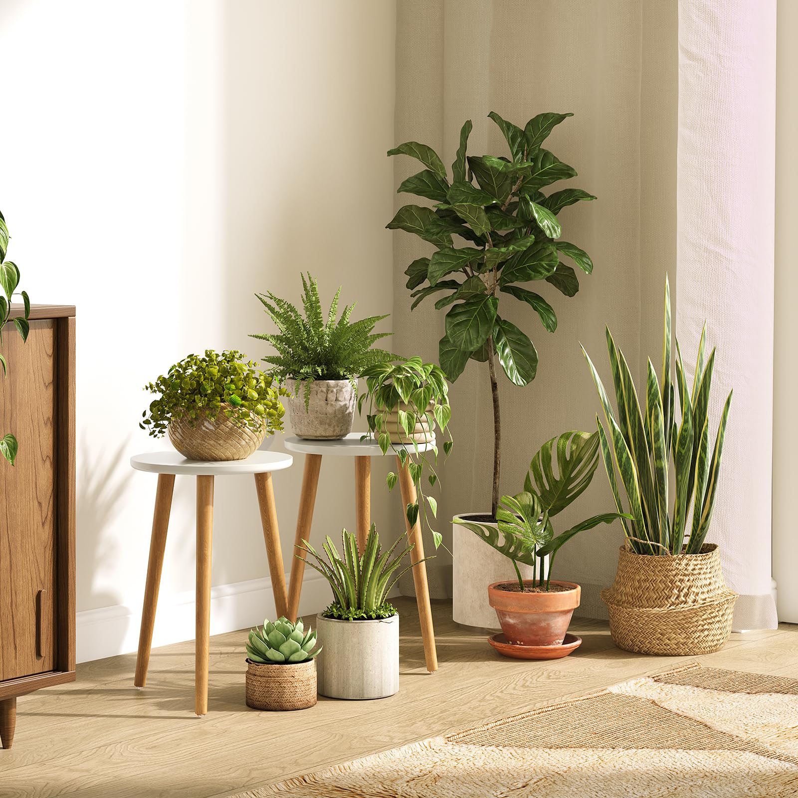 Uneedem Wood Mid Century Plant Stand side view with plant
