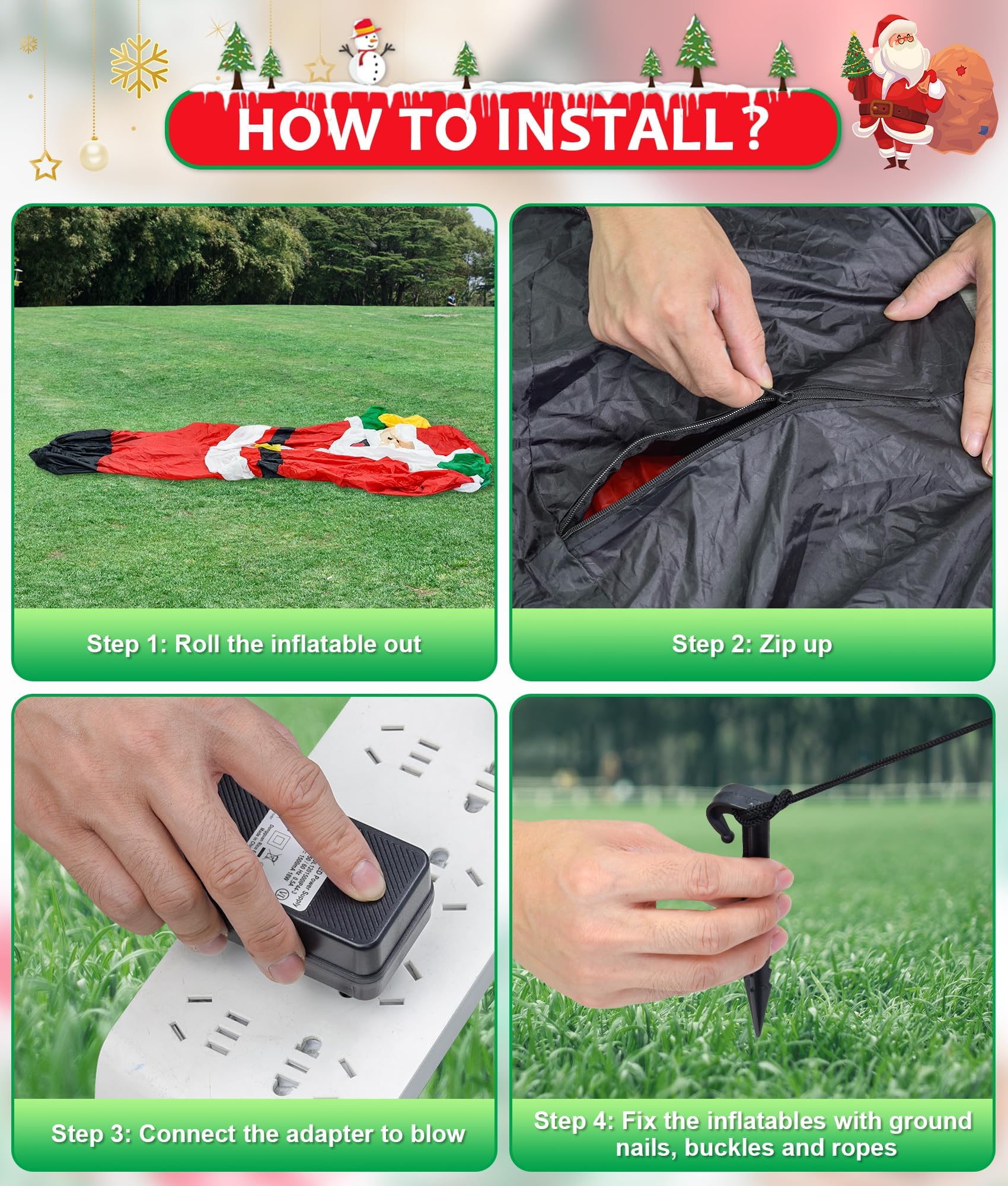 Unfolded EAONE Inflatable Santa in a yard