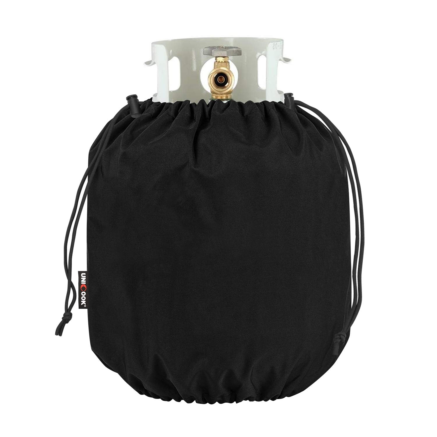 Unicook 20 lb propane tank cover front view, black polyester