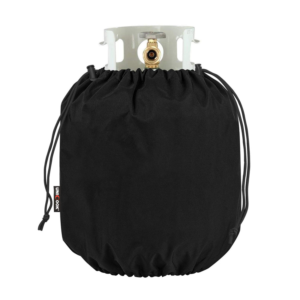 Unicook 20 lb propane tank cover front view, black polyester