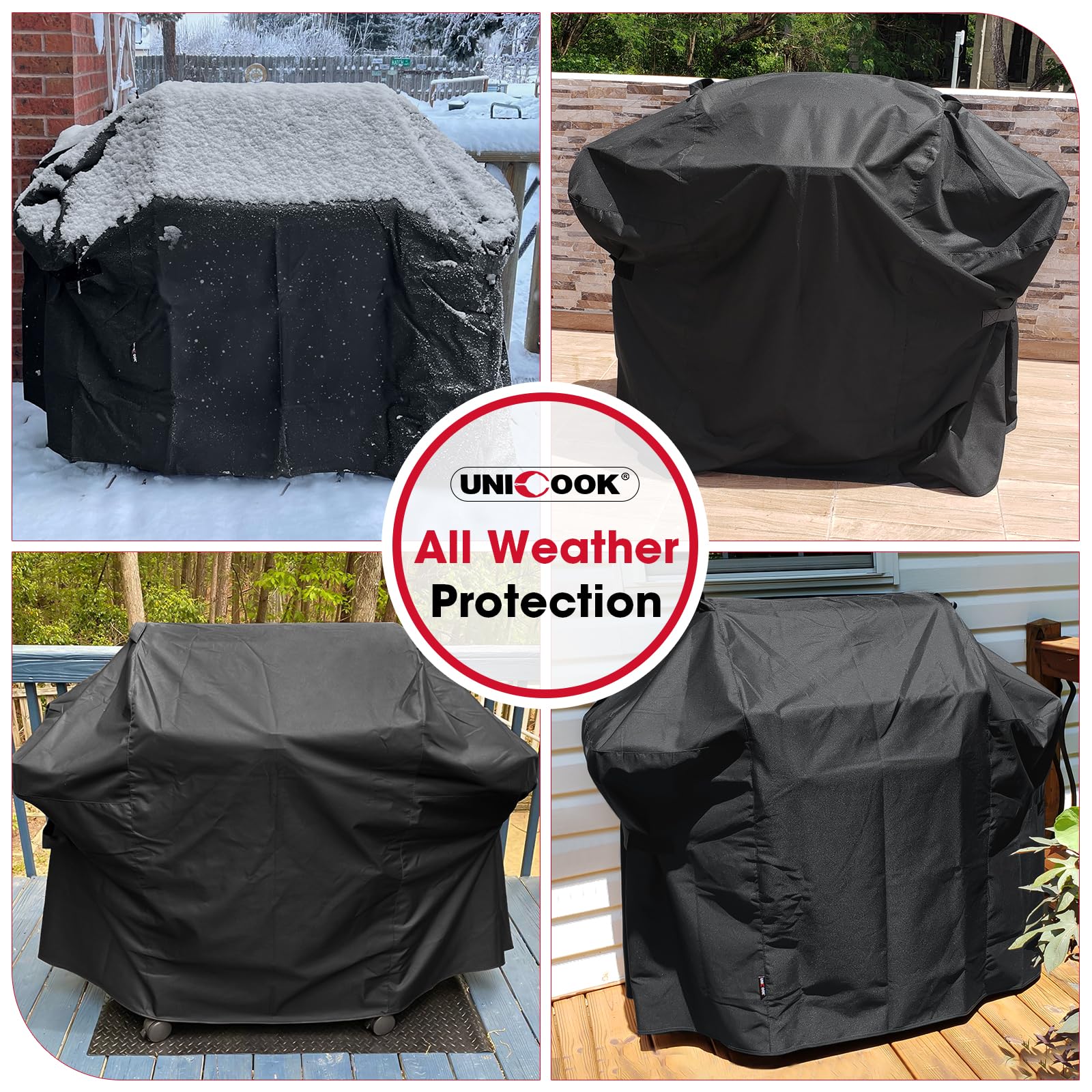 Unicook 58 Inch Grill Cover displayed alongside a grill