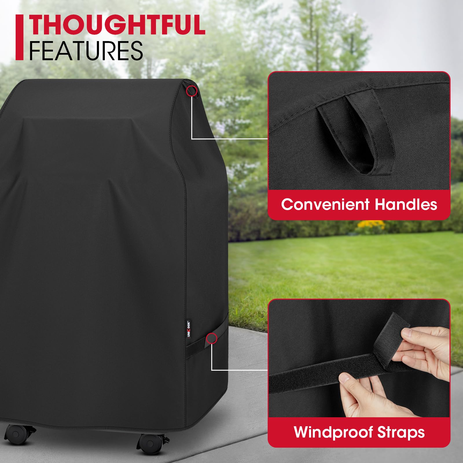 Unicook grill cover dimensions displayed on packaging