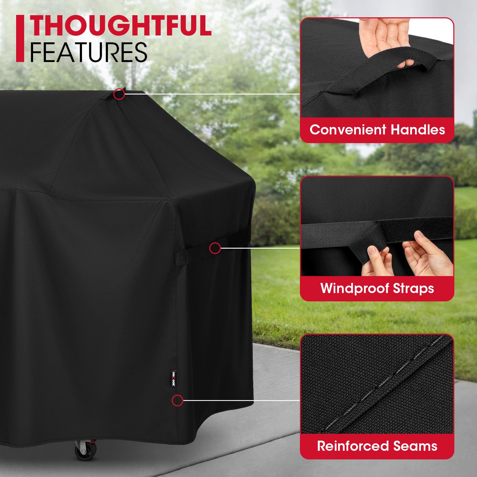 Unicook Grill Cover dimensions shown on packaging