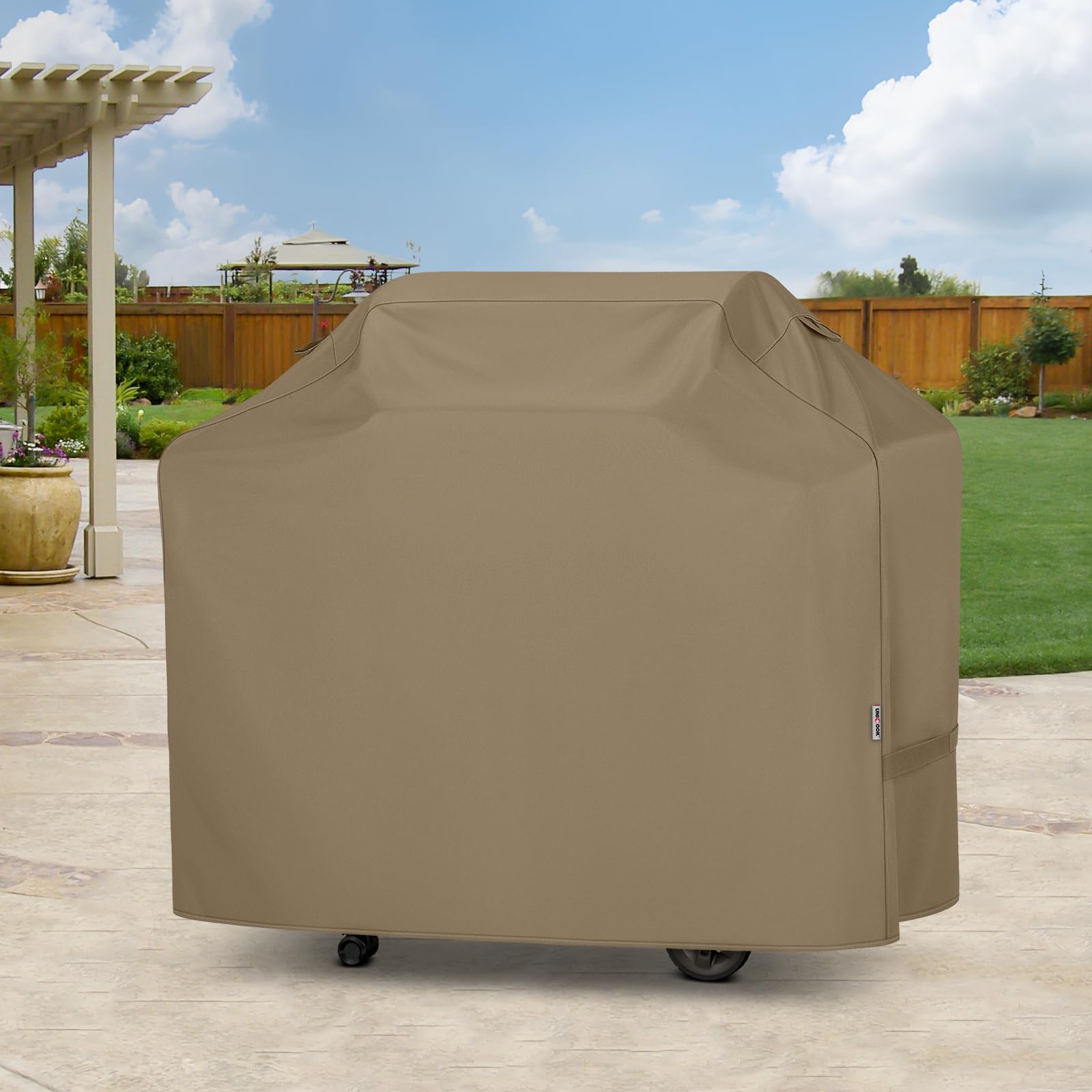 Unicook grill cover displayed in outdoor setting