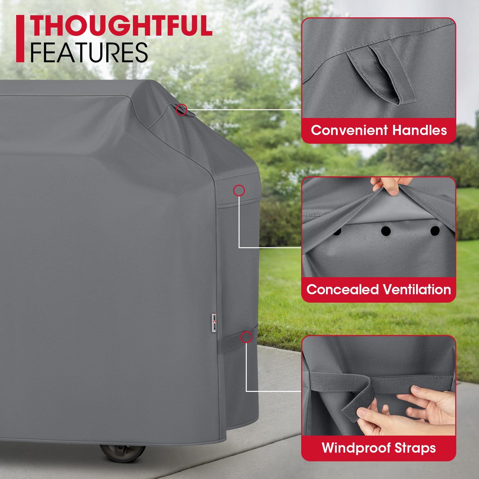 Unicook grill cover protecting a barbecue grill outdoors
