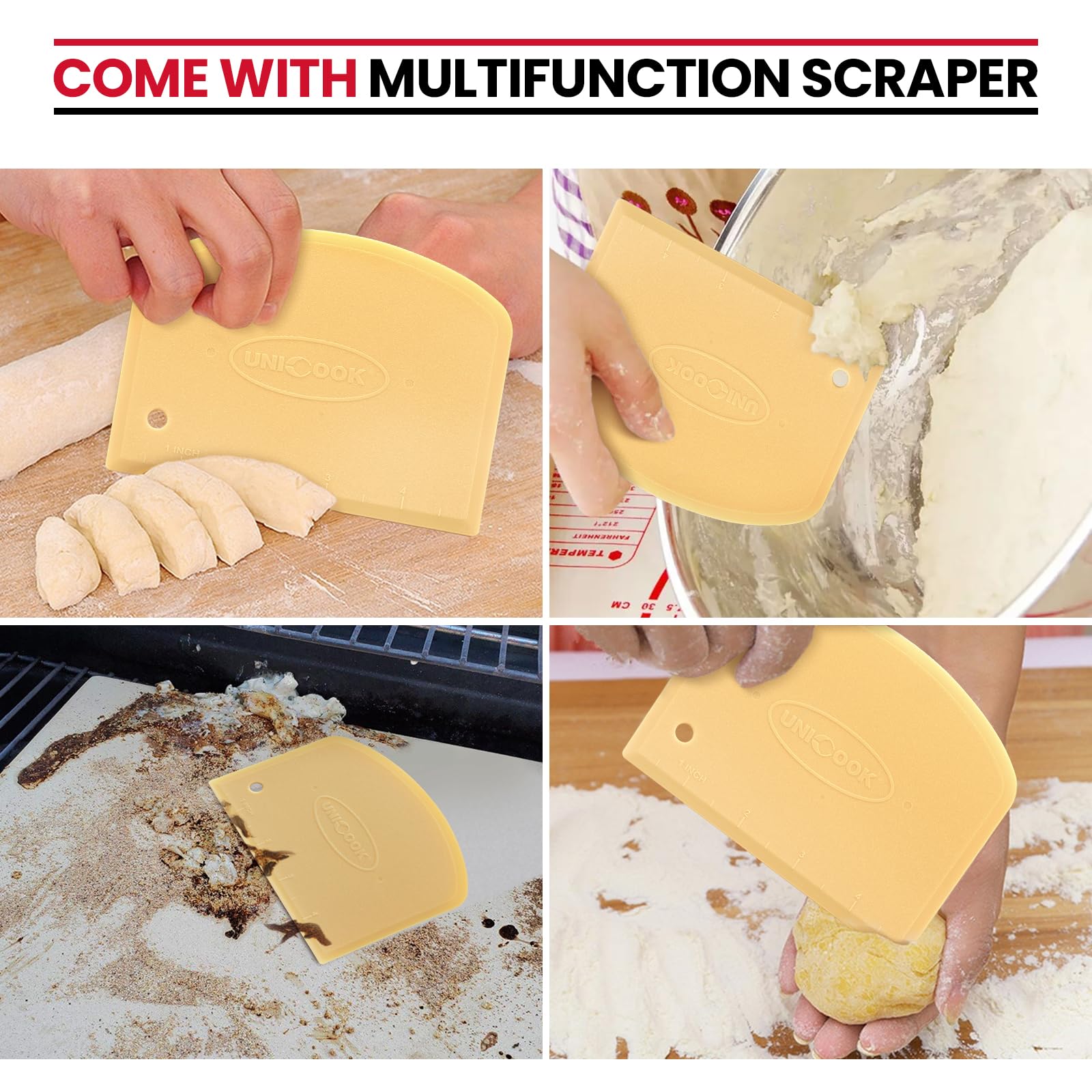 Unicook pizza stone being cleaned with plastic scraper