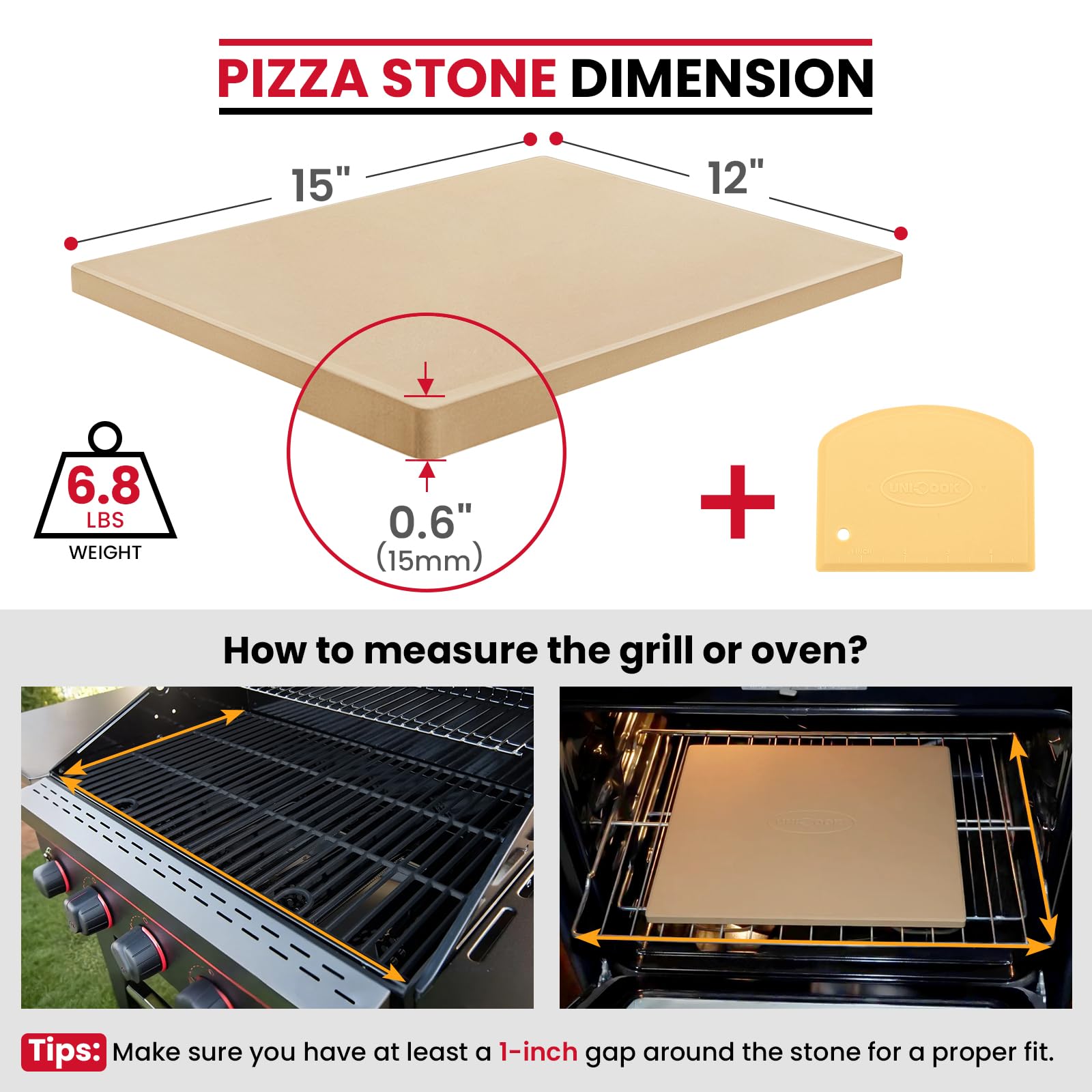 Unicook pizza stone side view with dough scraper