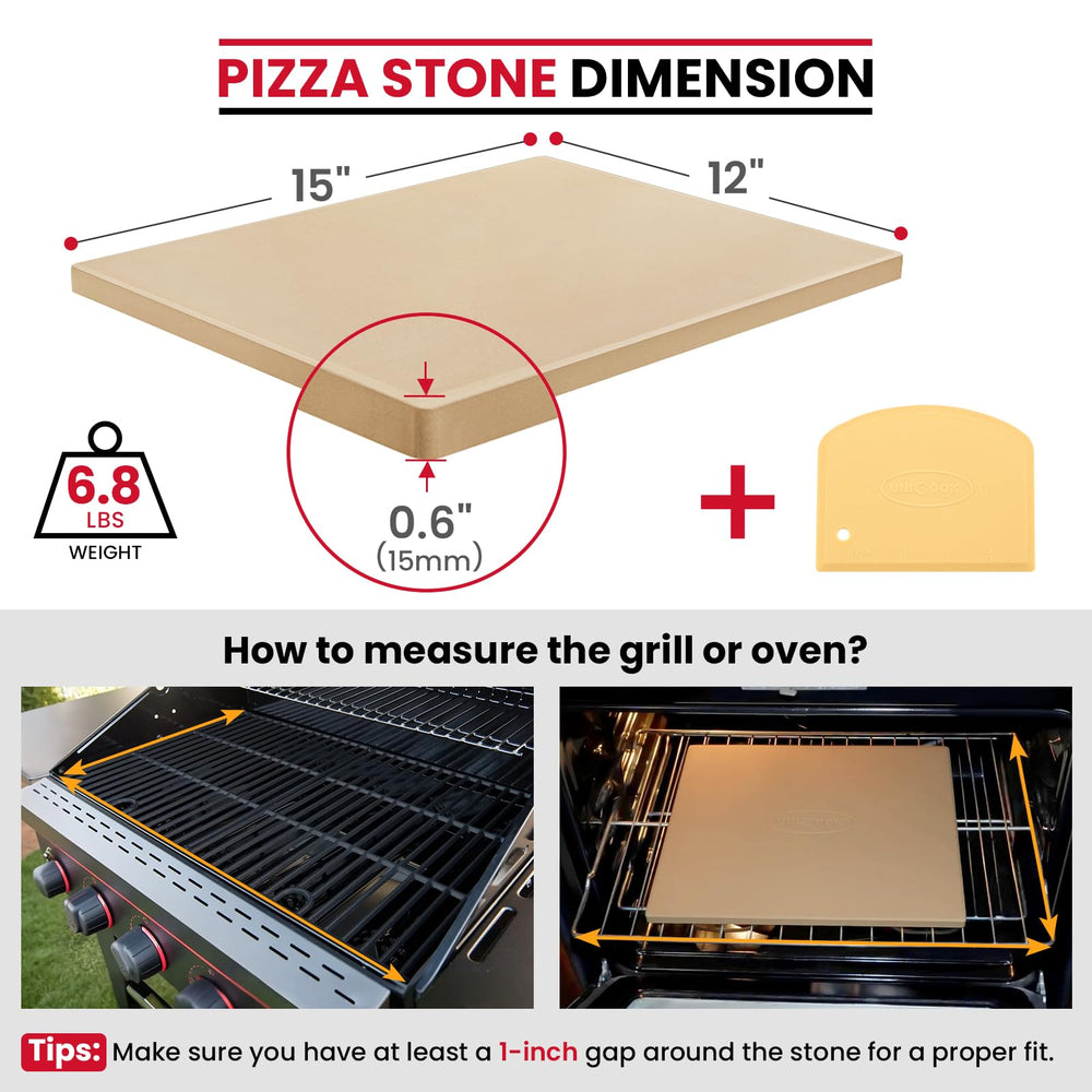Unicook pizza stone side view with dough scraper