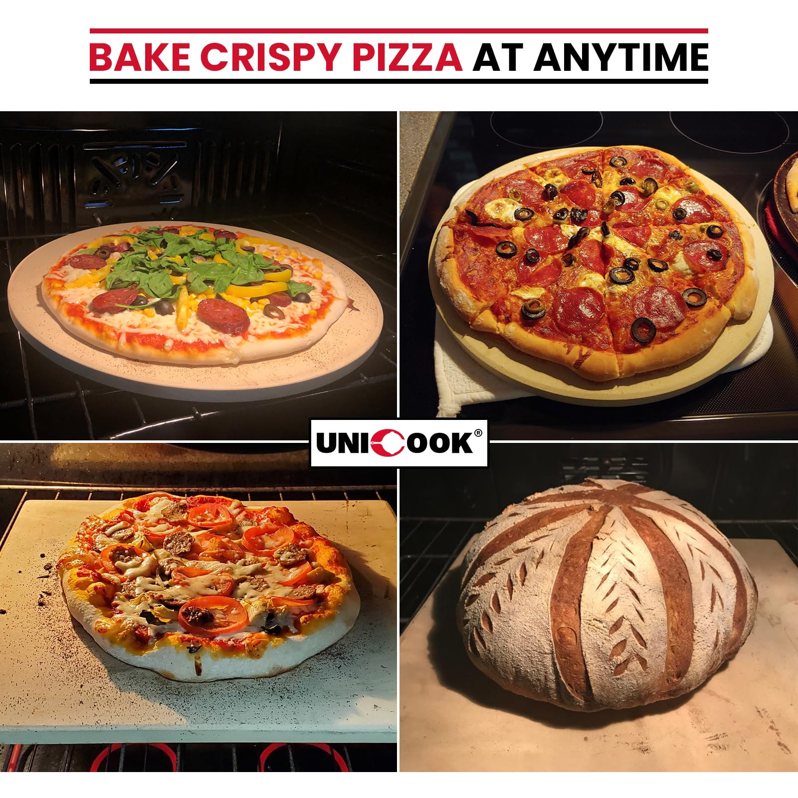 Unicook pizza stone with baked pizza on top