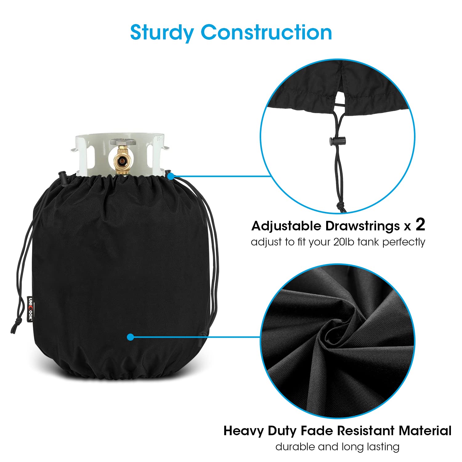 Unicook propane tank cover featuring elastic closure at the bottom
