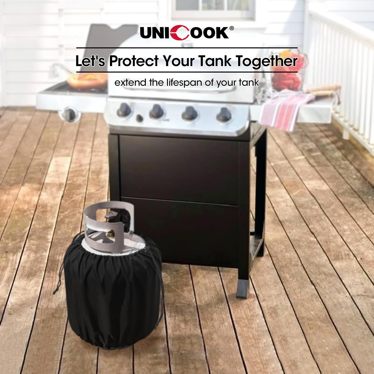 Unicook propane tank cover placed on a standard 20 lb tank