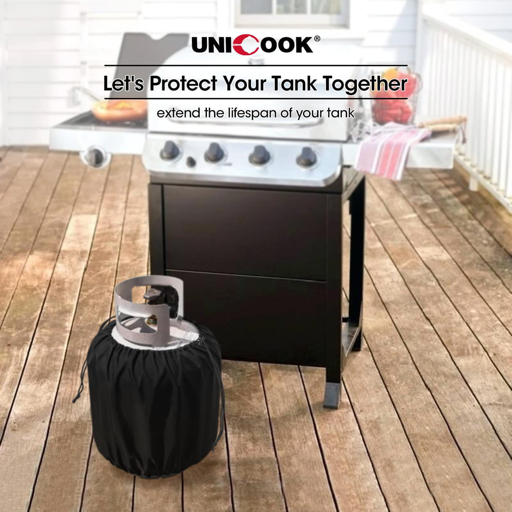 Unicook propane tank cover placed on a standard 20 lb tank