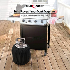Unicook propane tank cover placed on a standard 20 lb tank