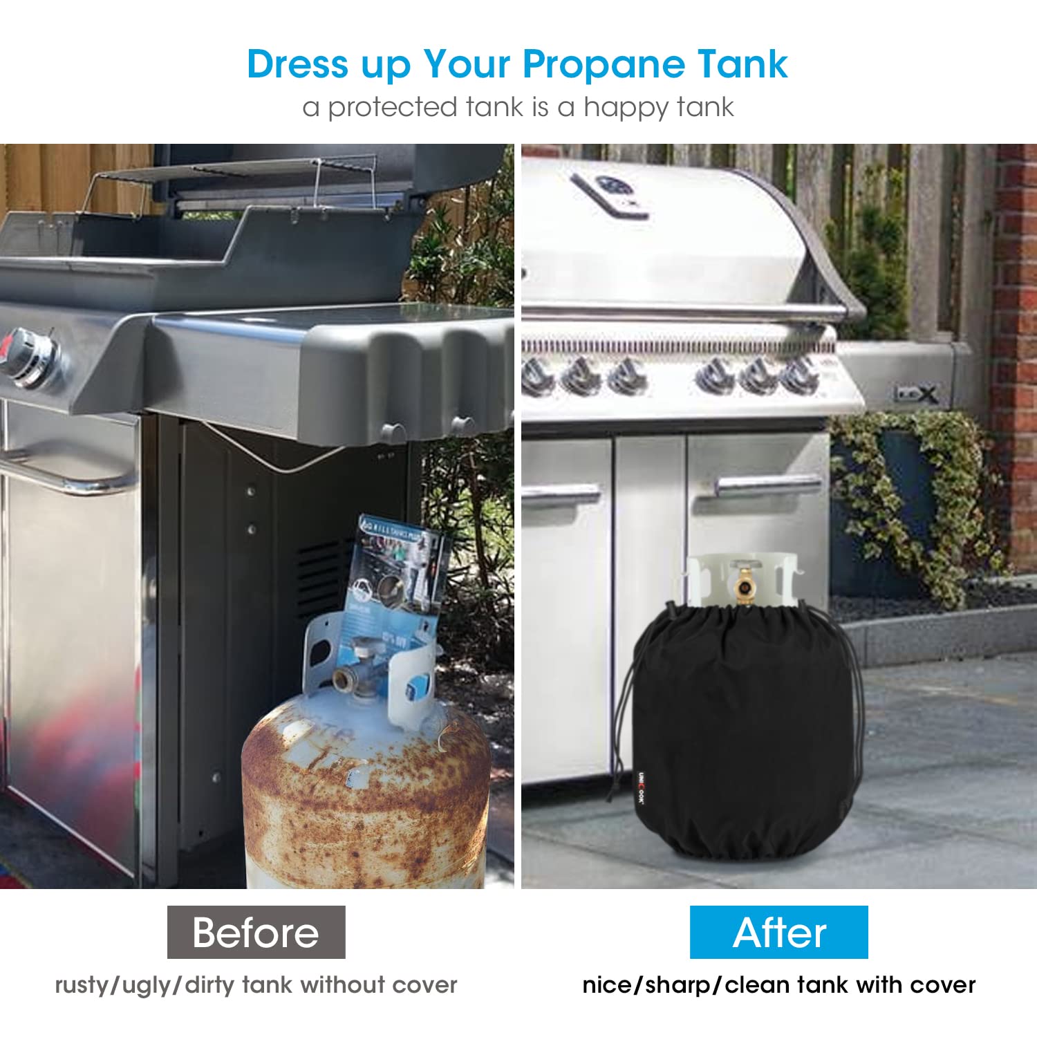 Unicook propane tank cover showing adjustable drawstring feature