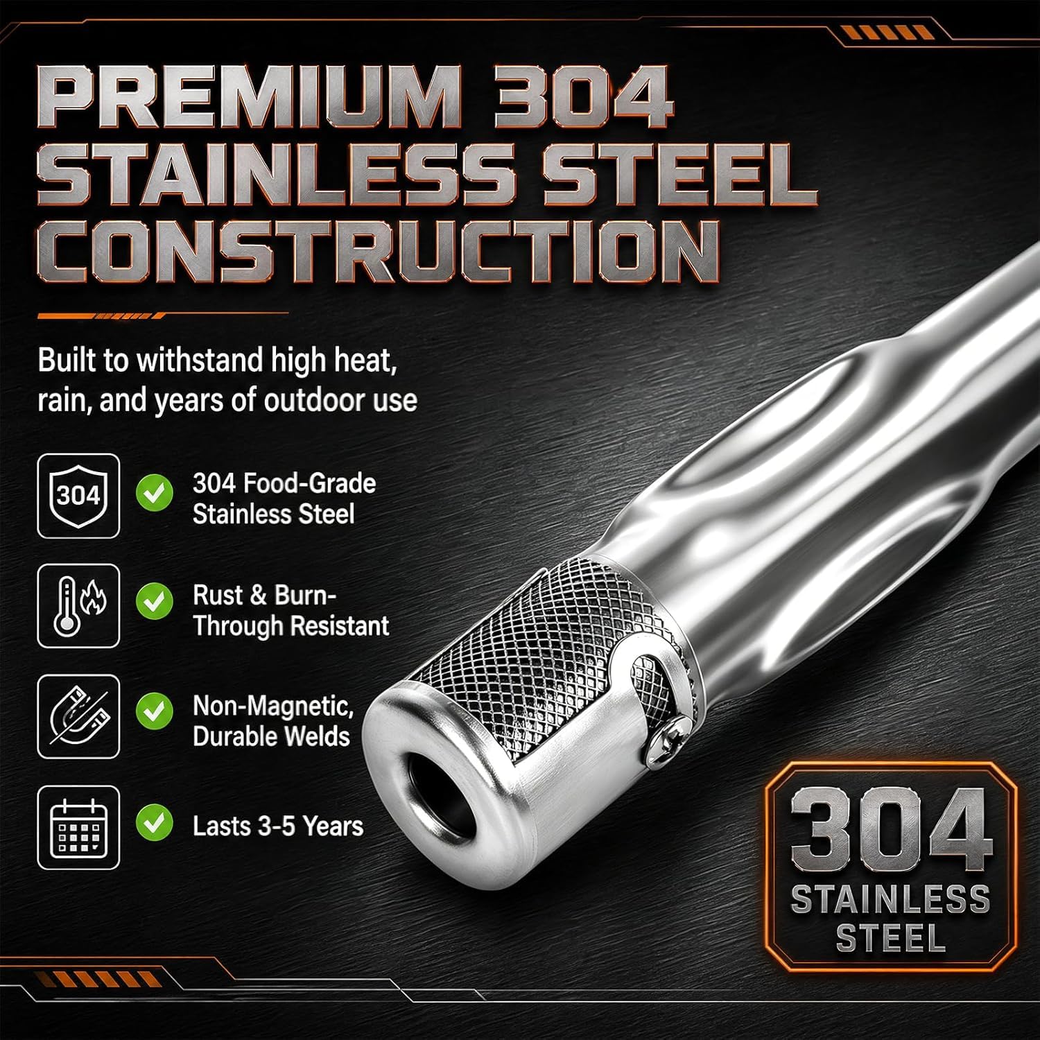 Uniflasy stainless steel burner tubes in grilling setup