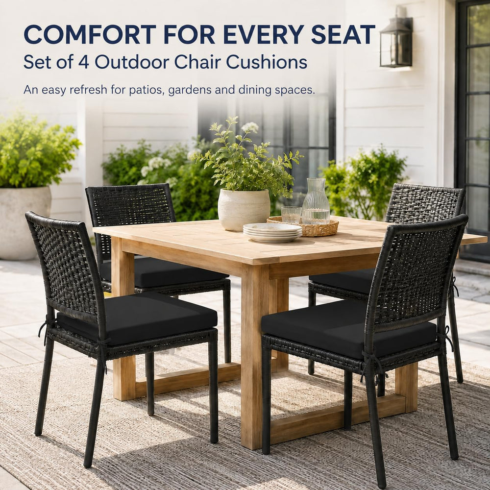 UNIKOME black outdoor chair cushion with ties on a patio chair