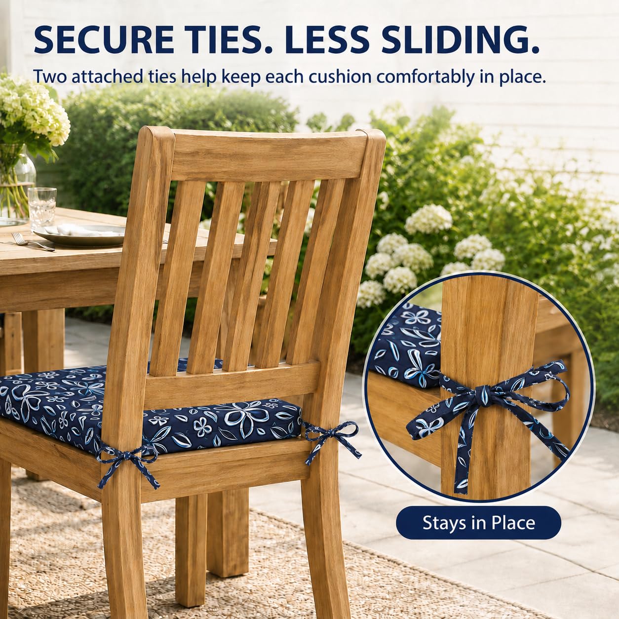 UNIKOME Outdoor Chair Cushion Navy/White on garden bench