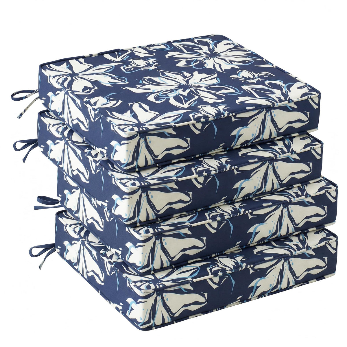 UNIKOME Outdoor Chair Cushion Set of 4, Blue-White Flower front view