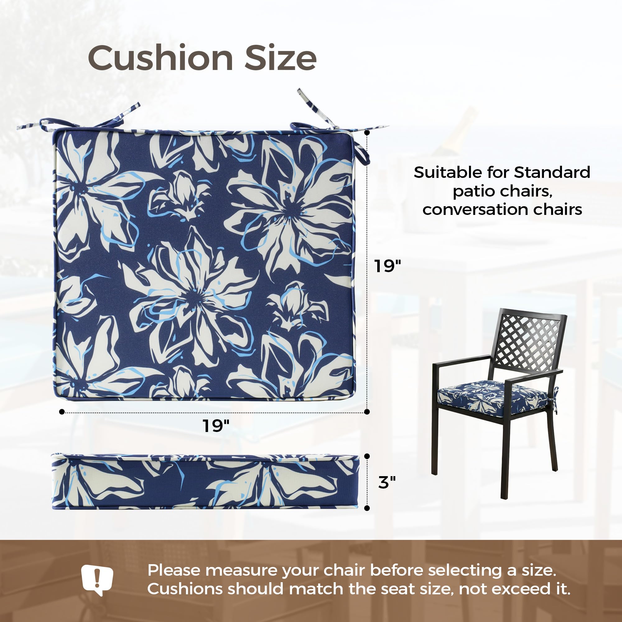 UNIKOME Outdoor Chair Cushion Set of 4 side view showing piped edges
