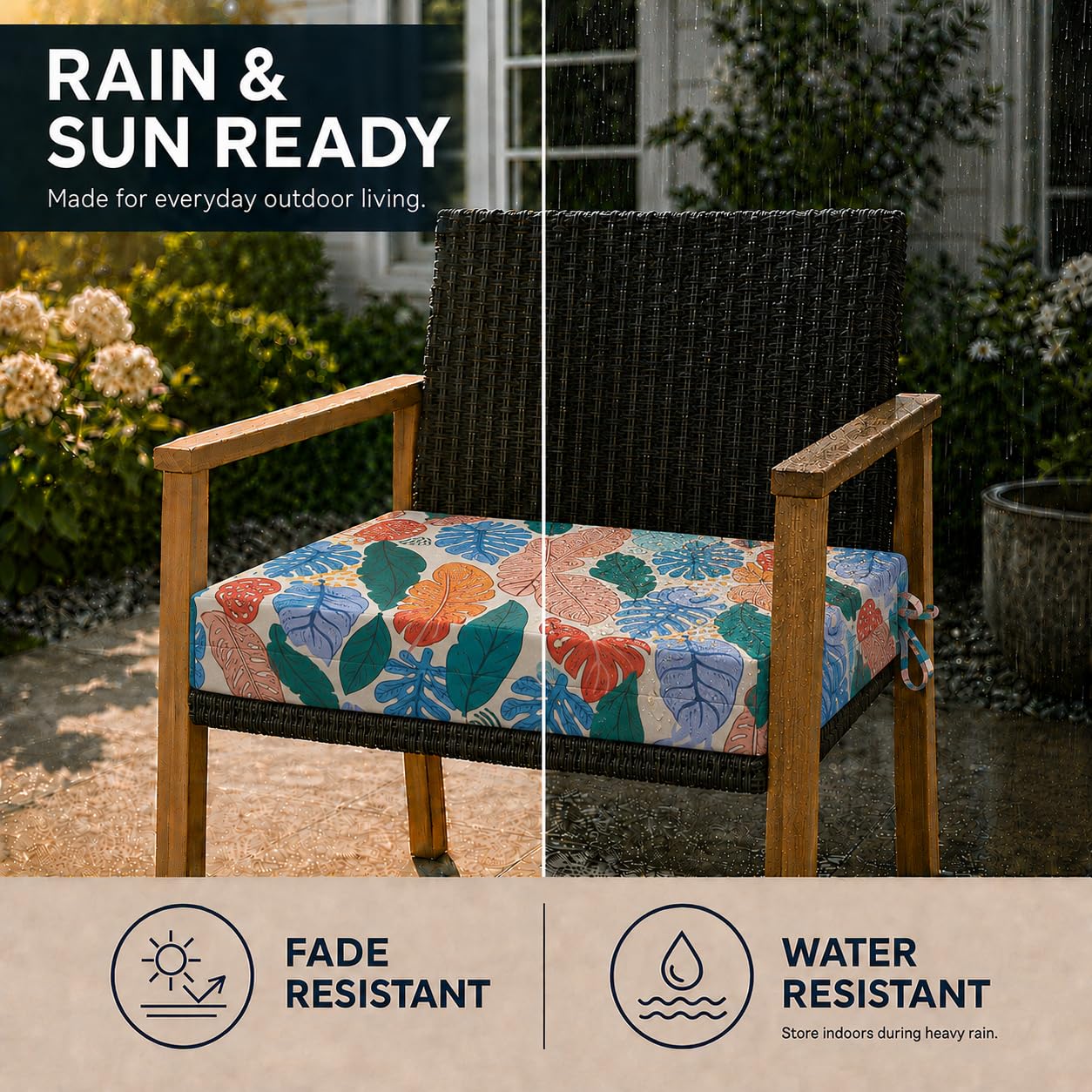 UNIKOME outdoor cushions laid out on a garden table